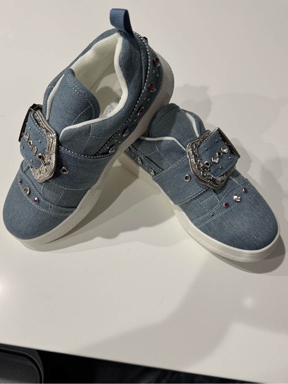 Cape Robbin Light Blue Denim Sneakers with Rhinestone Buckle